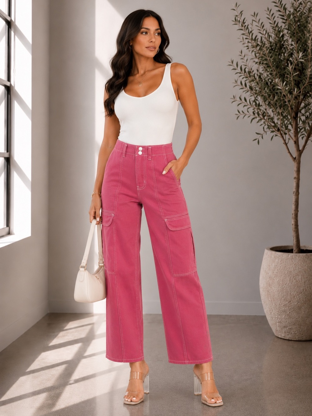 495. Rosewood Cargo Wide-Leg Pants in pink